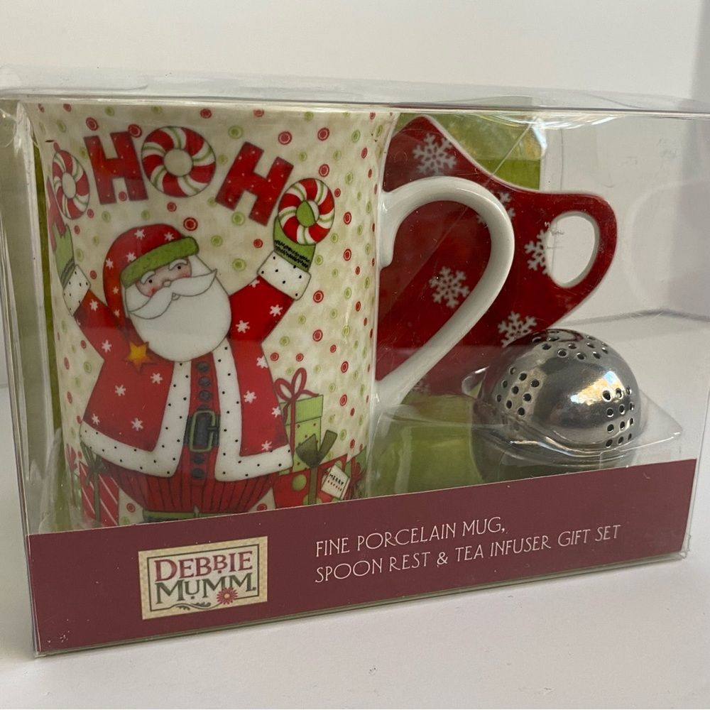 Debbie Mumm Christmas Mug Gift Set Tea Infuser Spoon Rest New Fine porcelain